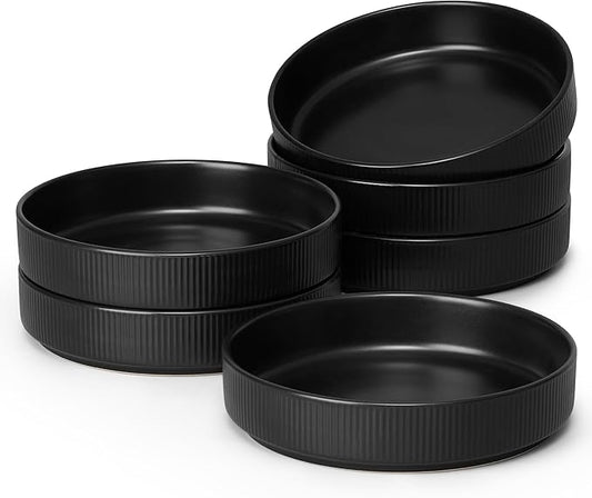 E-far Pasta Bowls Set of 6, 35oz Large Salad Bowl Plate for Dinner Serving Soup, Wide & Shallow Ceramic Stoneware Pasta Plates, Microwave & Dishwasher Safe, Reactive Glaze Texture-Stripe, Matte Black