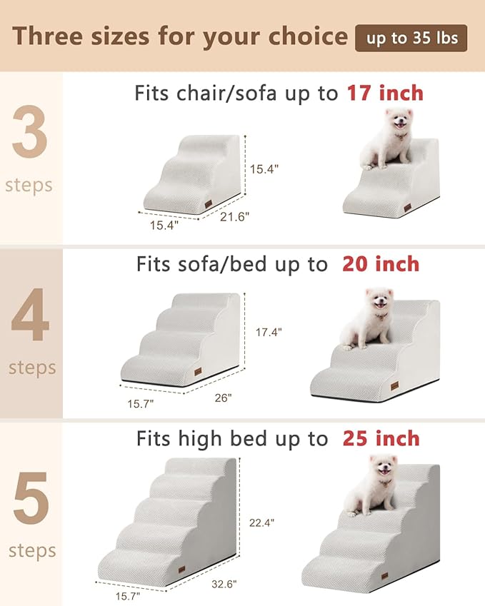 Aodisman Dog Stairs Ramp for Bed and Couch,4 Step Dog Steps for Small Dogs,Pet Stairs with Non-Slip Bottom for Old Cats,Indoor Pet Steps,Comfort,Durable,17.4" H,Light Grey