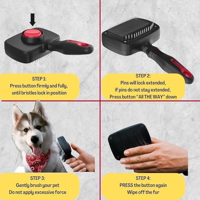 Self Cleaning Dog Brush – 2 in 1 Slicker & Undercoat Rake for Medium to Long Fur – Dual Action Pet Hair Removal & De-Shedding Comb with Comfort Grip – Black/Red