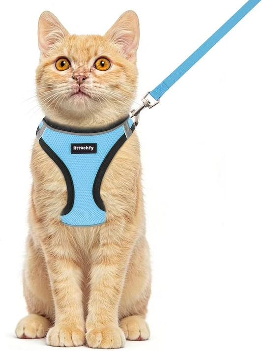 Rttochfy Cat Harness and Leash Set, Escape Proof Kitten Harness, Soft and Breathable Vest with Reflective Strip, Easy to Wear for Cats Walking and Traveling (BK Light Blue, S)