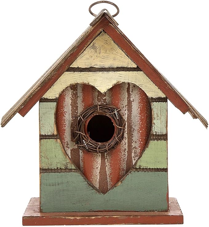 Glitzhome Bird House for Outdoor, 8.75" H Decorative Pet Cottage Distressed Heart Garden Wooden Birdhouse for Outside, Hanging Birdhouse for Bluebird Hummingbird Wren Finch Cardinals Cedar