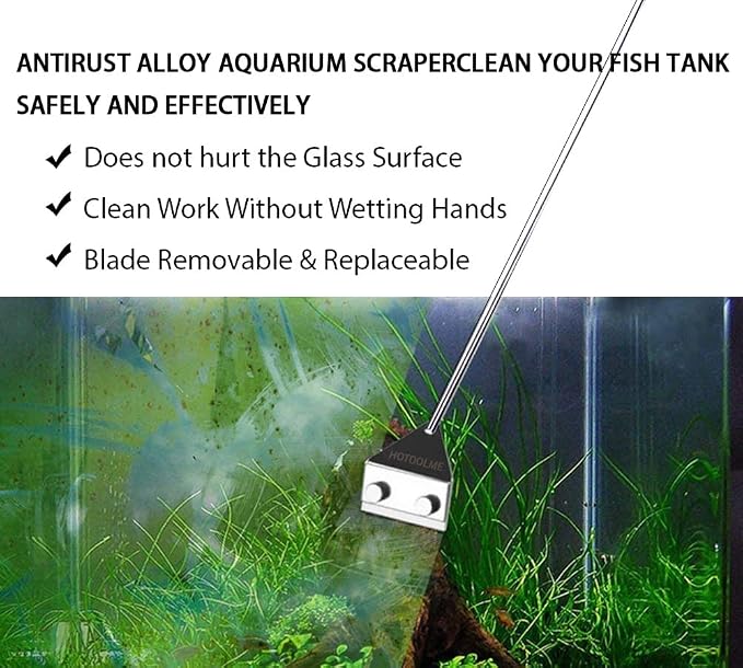 HOTOOLME Aquarium Scraper, 25.6" Stainless Steel Scraper Cleaning Razor with 10 Blades for Glass Aquarium Fish Tank | Long Handle, Aquarium Razor Blade Scraper, Fish Tank Cleaner, Aquarium Glass Cleaning Tools for Glass Aquariums