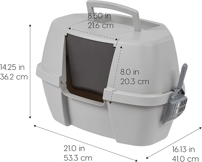 IRIS USA Cat Litter Box - Enclosed Corner Litter Box with Scoop, Hooded Litter Tray for Corners, Space-Saving Covered Litter Box, Odor Defensive, Gray