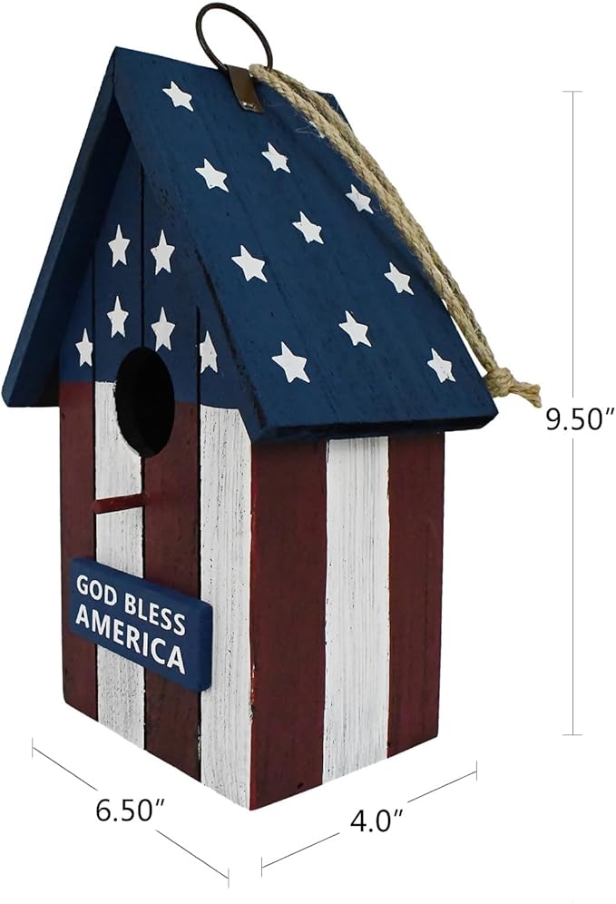Linfevisi Wooden Patriotic Bird House Bluebird Nest Box American Flag Birds Boxes Home Wood Birdhouses Hanging Outdoor Decorative for Wren Finch Chickadee Sparrows Cardinals Tree July 4th(B)