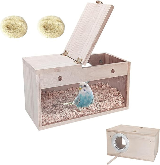 Tfwadmx Parakeet Nesting Box, Transparent Bird Nest Breeding Box, Wood Parrot Nest Box with Perch Bird Cage House for Cockatiel Lovebirds Budgie Canary Finch(S)