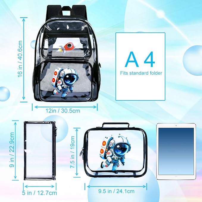KLFVB 3PCS Clear Backpack for Girls and Boys, Kids See Through Backpacks Stadium Approved, Transparent Bookbag for Elementary