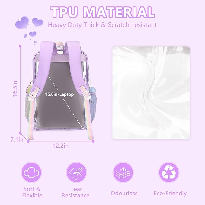 MOONBABY Clear Backpack for School Girls, Heavy Duty TPU Transparent Backpack Stadium Events Approved, Clear Bookbag