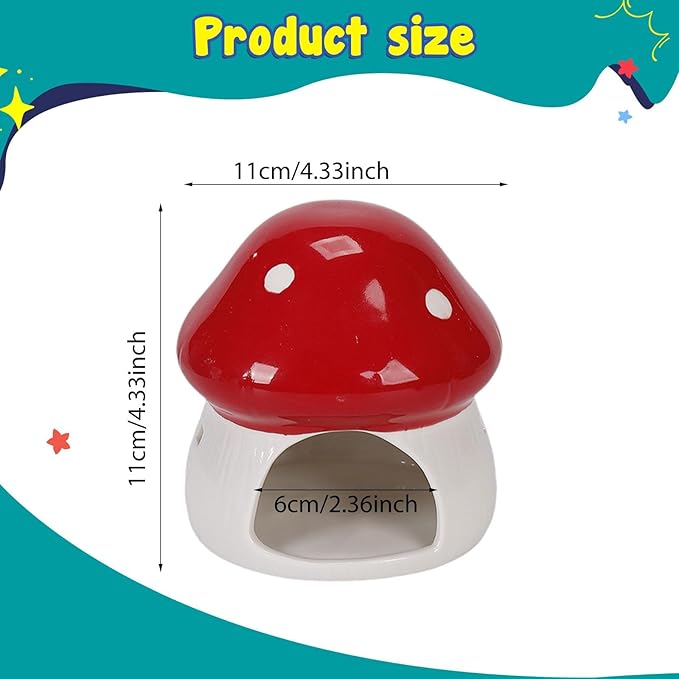 Ceramic Hamster House Hideaway House Outdoor Cute Mushroom Shaped Cave Guinea Pig Hideout for Small Pets Chipmunk Gerbils, Red