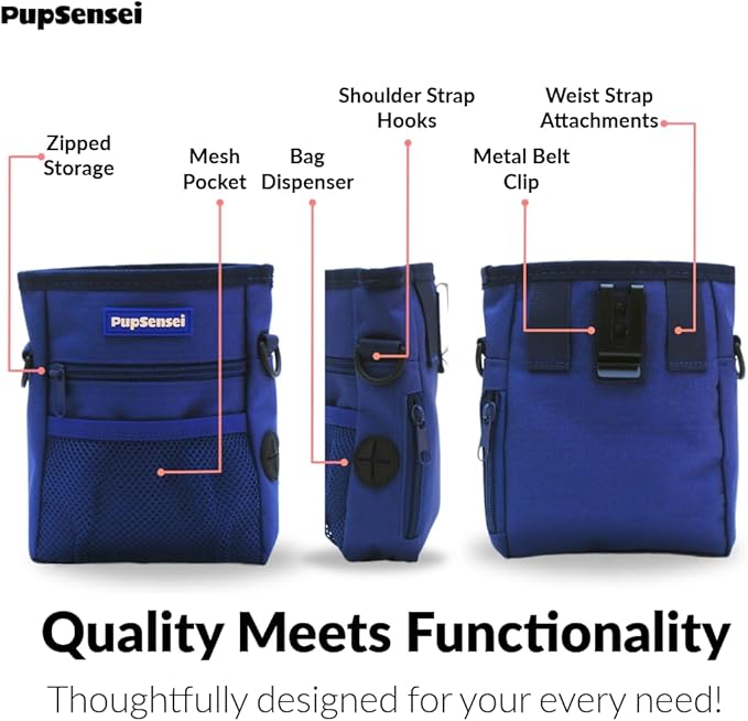 Dog Treat Pouch for Training – Magnetic Dog Treat Bag with Belt Clip & Poop Bag Dispenser – Hands Free Carry Pouch with Auto-Close Access & Shoulder Strap – Durable Pet Gear – Navy Blue