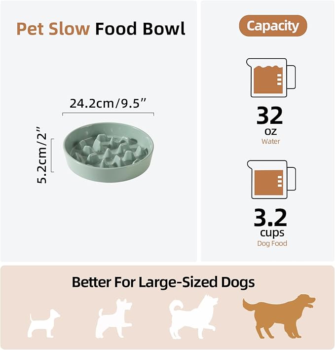 Havniva Ceramic 3.2 Cup Dog Bowl Slow Feeder, 9.5 inch Slow Pet Food Dish for Large Dog, Stop Bloat, Preventing Choking(Single Bowl,Light Green)