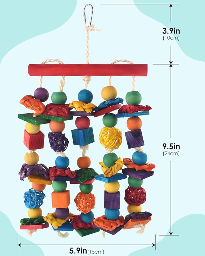 DBNESS Bird Toys, 3PCS Parrot Foraging Hanging Toy, Multicolored Natural Wooden Blocks Parakeet Chewing Toys mit Rattan Wicker Balls, for Medium Small Cockatoos Budgie Lovebird Cockatiel Conure