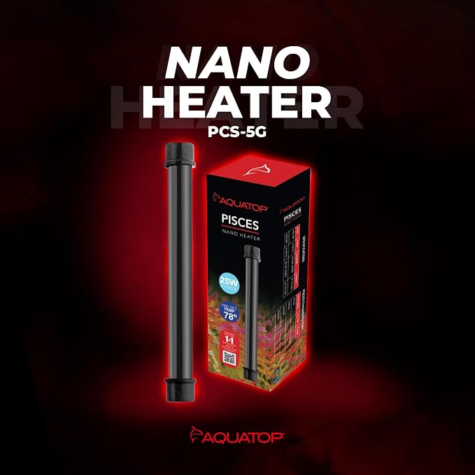 Aquatop 25W Pisces Nano Heater – Fully Submersible for Nano Fish Tanks Up to 8 Gal – Preset 78°F – Heat-Resistant Water Heater for Small Aquariums