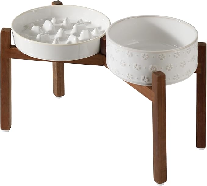 Havniva Elevated Slow Feeder Dog Bowls, 1.6 Cups/8.2 inch Slow Feeders + 7.3 inch Ceramic Dog Food & Water Bowls Set with Acacia Wood Stand Puzzle Bowls for Fast Eater, Medium Dogs Anti-Choking
