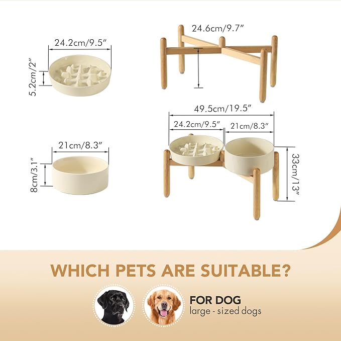 Havniva Ceramic 3.2 Cup Raised Slow Feeder Dog Bowl Set, Elevated 8.2inch Bowl and 9.5inch Slow Pet Food Dish with Wooden Stand for Large Dog (2 xLight Yellow+ Stand)