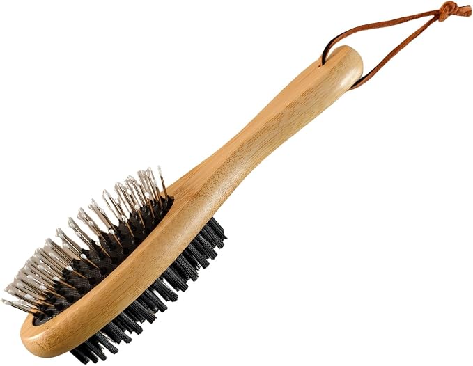 Double-Sided Pet Grooming Brush with Bamboo Handle, Slicker and Bristle Combo for Dogs and Cats