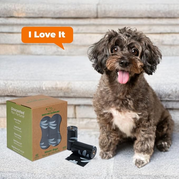 Best Pet Supplies Dog Poop Bags for Waste Refuse Cleanup, Doggy Roll Replacements for Outdoor Puppy Walking and Travel, Leak Proof and Tear Resistant, Thick Plastic - Black (Unscented), 600 Bags