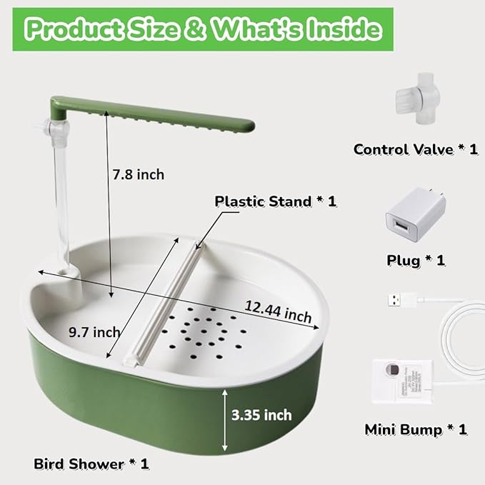 Bird Shower Parakeet Bath for Cage with Adjustable Water Flow Control Valve, Parrot Shower Bath for Budgies with Plug, Automatic Circulating Water Fountain for Pet Bird, Cockatiel, Conure(green pipe)