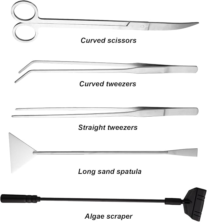 7 Pcs Aquarium Aquascape Tools Kit, Stainless Steel Aquatic Plant Aquascaping Set with Straight/Curved Long Tweezers Scissors Spatula Algae Scraper & 2 Replacement Heads Fish Tank Cleaning Kit
