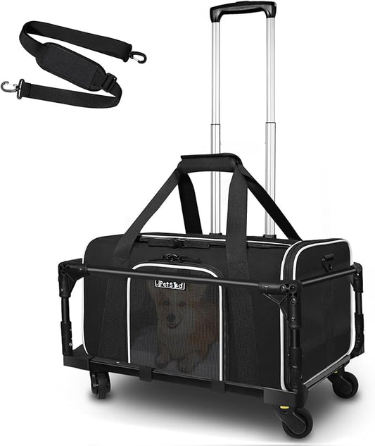 Petskd Small Pet Carrier with Wheels(18" L x 11" W x 11" H), Delta/American/United Airlines Approved, Rolling Pet Carrier for Small Dogs & Cats (Black)