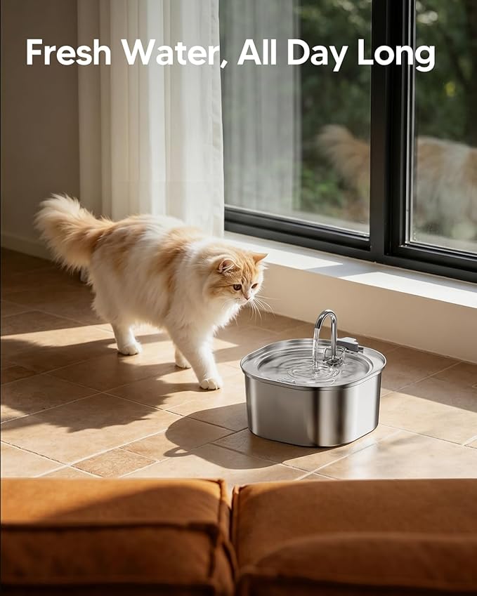 PEKTACO Cat Water Fountain, 3.2L/108oz Stainless Steel Pet Water Fountain for Cats Indoor, Dog Drinking Dispenser Metal Kitty Spout with 3 Filters+ 3 Sponges