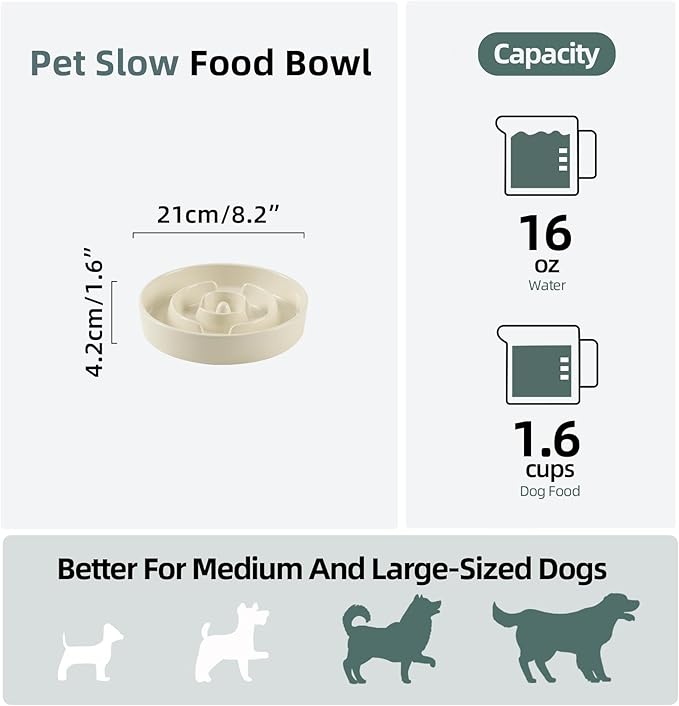Havniva Ceramic 1.6 Cup Slow Feeder Dog Bowl for Medium and Large Breed, 8.2inch Puzzle Dog Food Dish, Anti-Gulping, Stop Bloat, Preventing Choking (Single Bowl-Light Yellow)