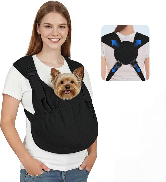 Supet Dog Sling Carrier, Hands Free Adjustable Puppy Pouch Carrier, Soft Wearable Pet Front Bag for Dachshund & Teacup Dogs, Anti-Anxiety Chest Carrier with Back Pain Relief (Black, Plus)