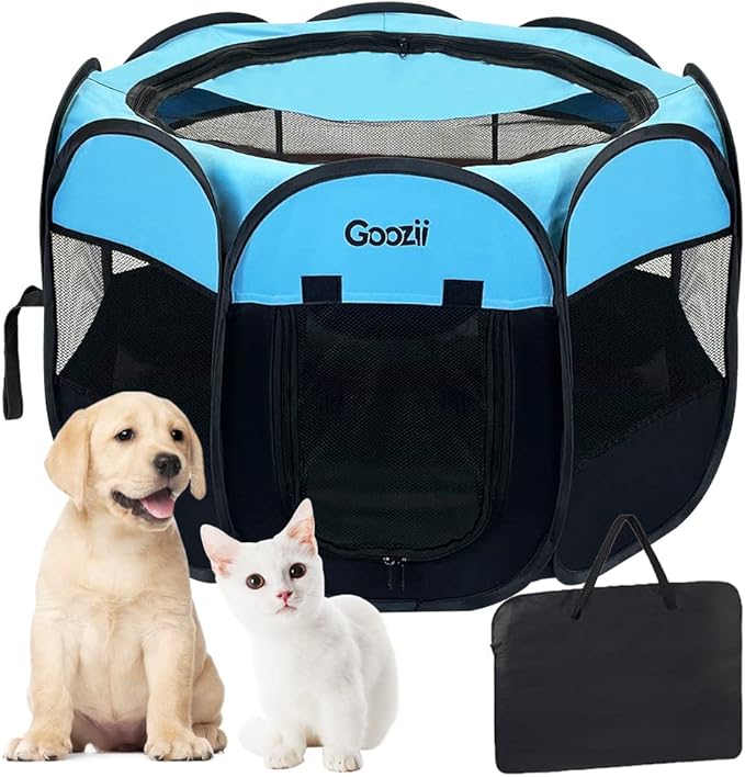 Goozii Dog Playpen for Large Dogs Portable Collapsible, Indoor Outdoor Cat Pet Puppy Exercise Play Pen Tent Crate Cage with Zipper Door Top Cover Floor for Camping (Large Size, Blue)