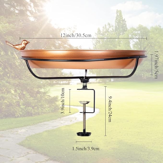 DREAMSOUL Deck Mounted Bird Bath, Metal Bird Bath with Sturdy Steel Clamp, 12" Birdbath for Railing Balcony Garden Decoration