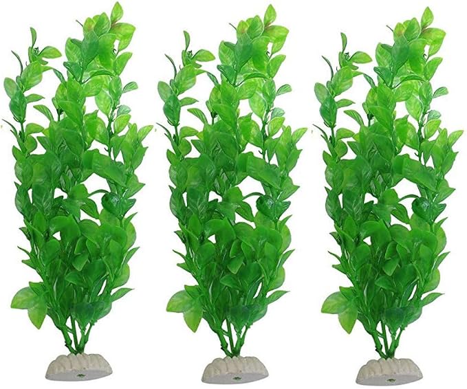 WAFJAMF 3Pack 10.6" Plastic Seaweed Water Plants for Aquarium Decorations | Non-toxic artificial green fish tank greenery with weighted ceramic bases for betta, turtle, and reptile habitats
