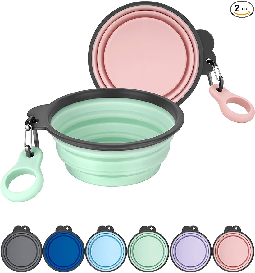 Aonkey Collapsible Dog Bowls with Bottle Carrier, 2 Pack Travel Dog Water Bowl Upgraded Carabiner, One-piece Molded Rim No Fall Off or Crack, Foldable Silicone Portable for Pets Walking Hiking 37oz