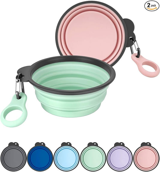 Aonkey Collapsible Dog Bowls with Bottle Carrier, 2 Pack Travel Dog Water Bowl Upgraded Carabiner, One-piece Molded Rim No Fall Off or Crack, Foldable Silicone Portable for Pets Walking Hiking 15oz