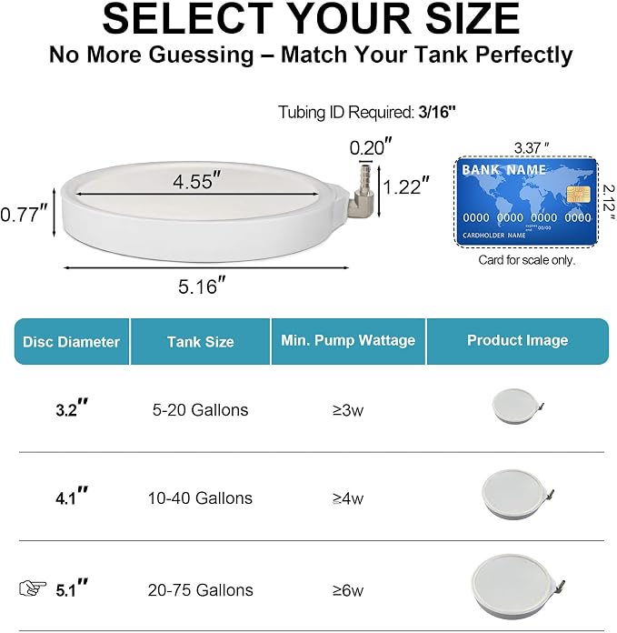 5.1 Inch Air Stones for Aquariums, Aquarium Bubbler Fish Tank Oxygen Diffuser, Stainless Steel Nozzle Nano Atomization Disc for Freshwater Saltwater Hydroponics DWC Pond, 20-75 Gallon Tank