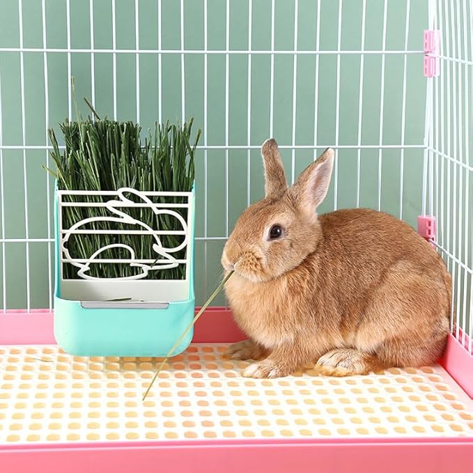 Rabbit Feeder, Hay Food Bin Feeder, Adjustable,Removable Grass Rack, Stainless Steel Edge, for Rabbit, Guinea Pig, Chinchilla (Blue)