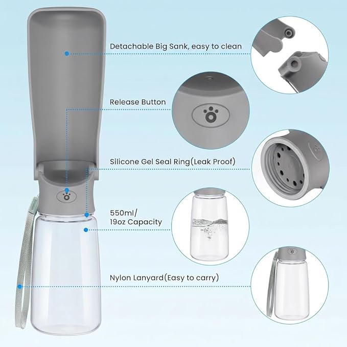 Portable Dog Water Bottle for Walking – 19oz / 12oz Foldable Pet Water Dispenser for Puppies, Medium & Large Dogs – Leak Proof Travel Water Bowl for Small Animals Dog Accessories(19OZ Grey)