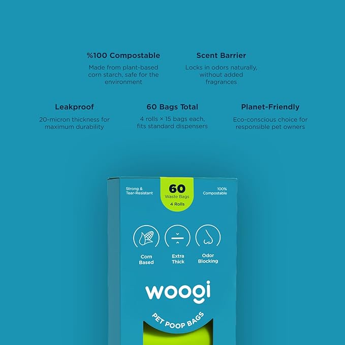 Woogi Biodegradable Dog Poop Bags – 60 Extra Thick & Leakproof Bags (4 Rolls), Eco-Friendly, Compostable Pet Waste Bags Made from Corn Starch, Unscented, Scent Barrier