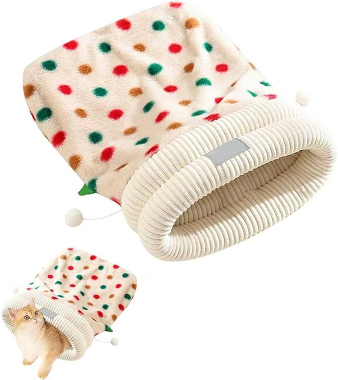 Cat Winter Sleeping Bag Soft Warm Cozy Pet Bed Sack for Indoor Cats or Small Dogs Durable Washable Sleeping Pad (Polka, Medium)