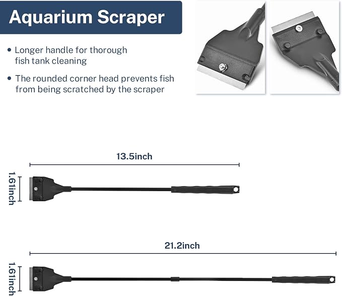 Olaismln Fish Tank Scraper Cleaner for Glass Aquariums, 21" Handheld Scraper Cleaning Razor with 5 Stainless Steel Blades for Fish Reef Plant Glass Tank