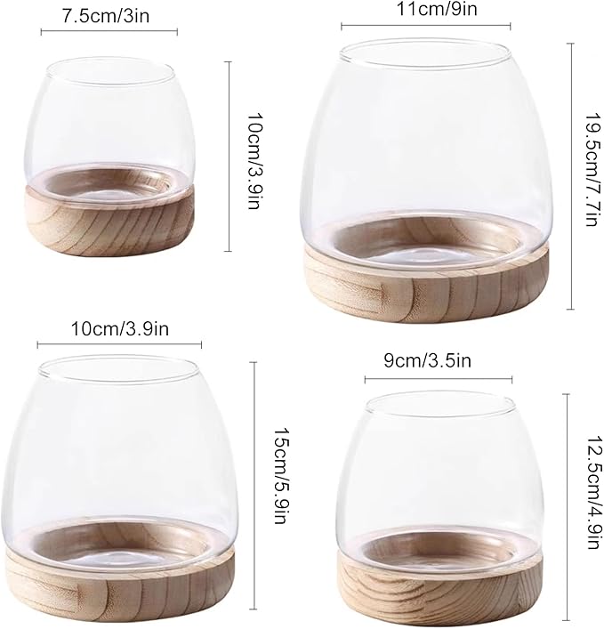 Glass Fish Bowl,with Wooden Base, Small Desktop Fish Bowl Aquarium for Betta Fish Gold Fish, Fish Tank Flower Vase,Hydroponic Plant Terrarium,for Home Decoration (11 x 19.5cm)