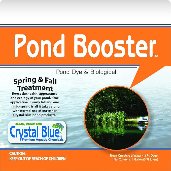 Crystal Blue Pond Booster - Blue Pond Dye & Natural Pond Cleaner Combo - Treats up to 1 Acre - Crystal Blue Water While Reducing Muck & Sludge - 1 Gallon
