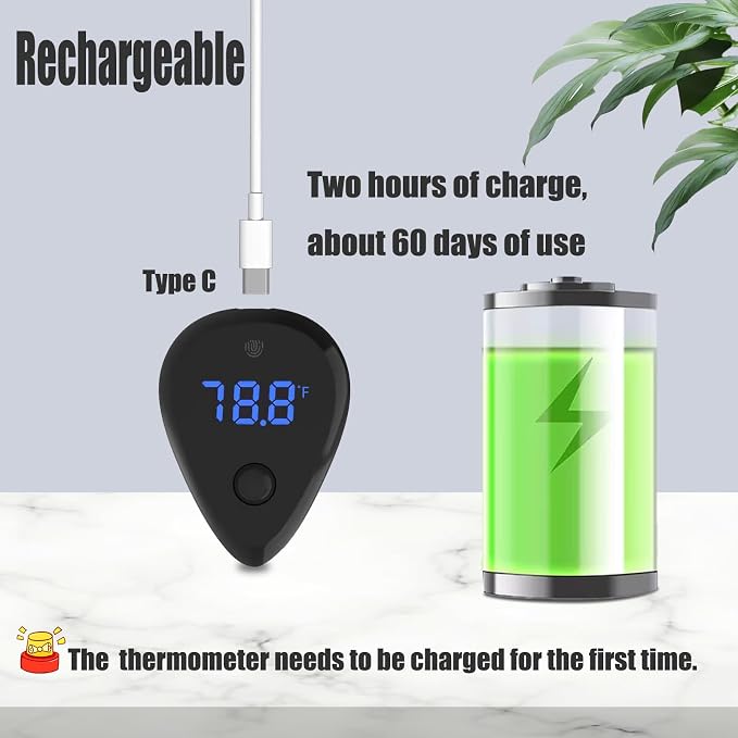 Carefree Fish Aquarium USB Thermometer Rechargeable Cordless Human Sensor Switch Fish Tank Thermometer Overtemperature Sound Alarm ±1℉（Power Adapter and Charging Cable not Included）