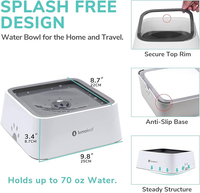 LumoLeaf No Spill Water Bowl for Dogs with Filter, 70oz/2L, Slow Feeder for Messy Drinkers, Drip-Free & Splash-Proof Design (Grey, 70 fl oz) (Grey 70 fl oz)