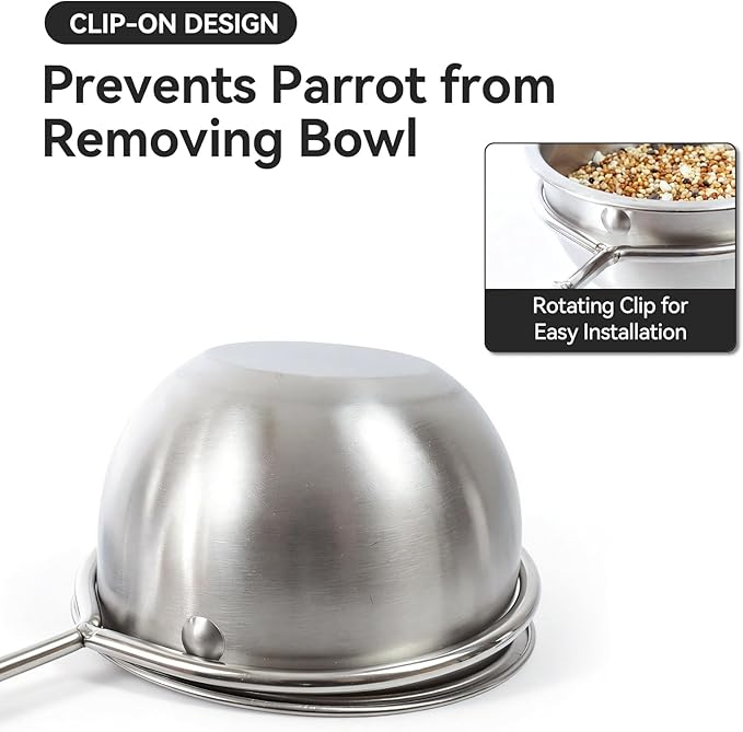 AOTU Anti-Snatch Stainless Steel Parrot Feeding Cups with Locking Buckle - Bird Food & Water Bowls, Bird Cage Accessories for Cockatiel, Conure, Budgie, Macaw, Gray Parrot & Small Pets (L)