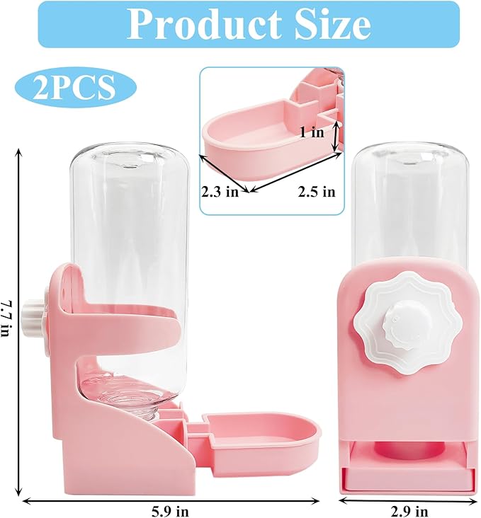 kathson 2 PCS Rabbit Water Dispenser for Cage 17 Oz Hanging Guinea Pig Water Bottle No Drip Gravity Automatic Bunny Water Bottle No Leak Small Animal Water Bottle for Chinchilla Ferret Hamster（Pink）