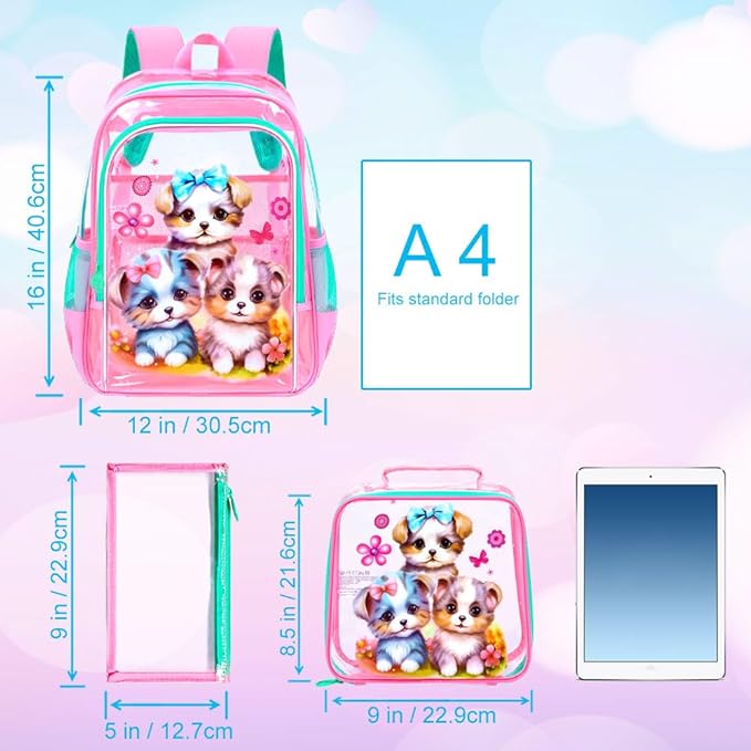 Clear Backpack for Girls and Boys, Kids Transparent Bookbag, 3PCS Cute See Through School Bag for Elementary Prechool