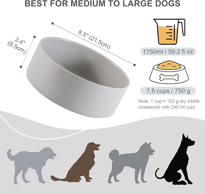 Ceramic Dog Bowl for Food and Water - Pet Feeder Bowl for Medium to Large Dogs - Heavy Ceramic Feeding Dish with Non Slip Base - Dishwasher & Microwave Safe - 8 Inch - 7.5 Cups - Gray
