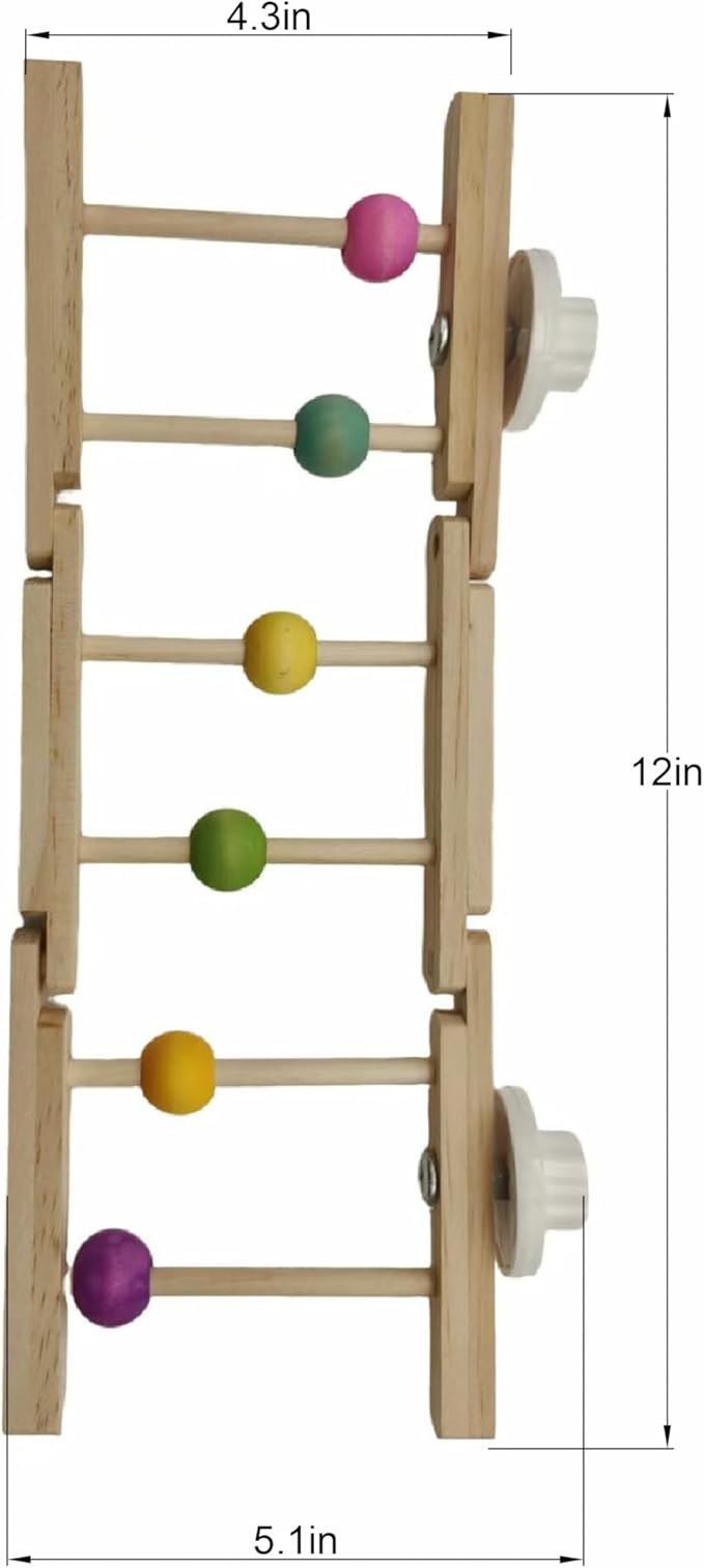 Wooden Bird Ladder Toy, 12 Inch Foldable Hardwood Parrot Climbing Bridge with Colorful Beads, 2 Pack Tri-Section Cage Accessories for Cockatiels, Conures, Lovebirds, 4 Inch Wide
