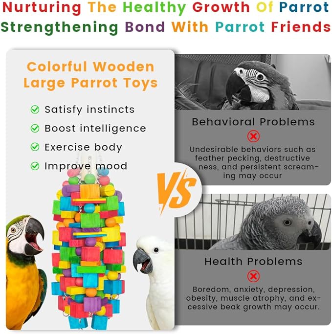 Large Parrot Chew Toy, 20 in 1.65 lb Natural Wood Blocks with Stainless Steel Chain, Bird Foraging Cage Toy for Macaws, Cockatoos, African Greys