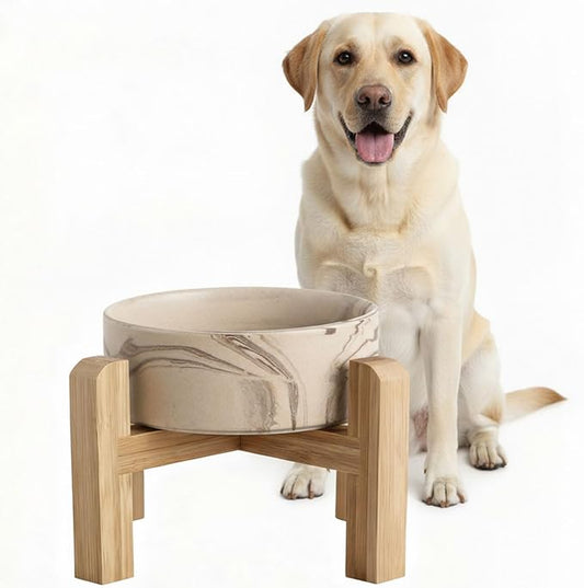 hjn Elevated Ceramic Dog Bowl with Bamboo Stand, Raised Pet Feeding Station for Small Medium Dogs Cats, Modern Design with Anti-Slip Base (Marble Brown, 7.6Cup)