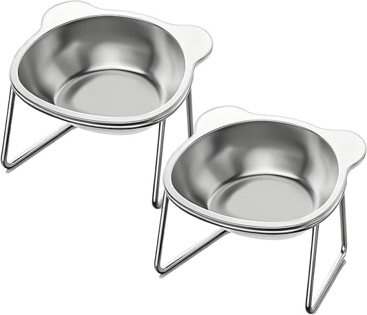 2 Pcs Elevated Cat Bowls, 15°Tilted Stand Whisker Friendly Raised Cat Food & Water Dishes, 5.9 inch Stainless Steel Indoor Anti-Vomiting Small Dog Bowls,Dishwasher Safe,Spine Friendly