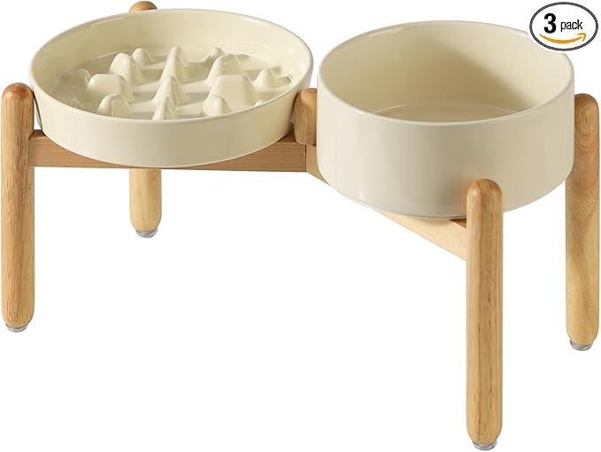 Havniva Ceramic Raised Slow Feeder Dog Bowl Set, Elevated 7.3inch Bowl and 8.2inch Slow Pet Food Dish with Wooden Stand for Medium and Large Dog (2 xLight Yellow+ Stand)